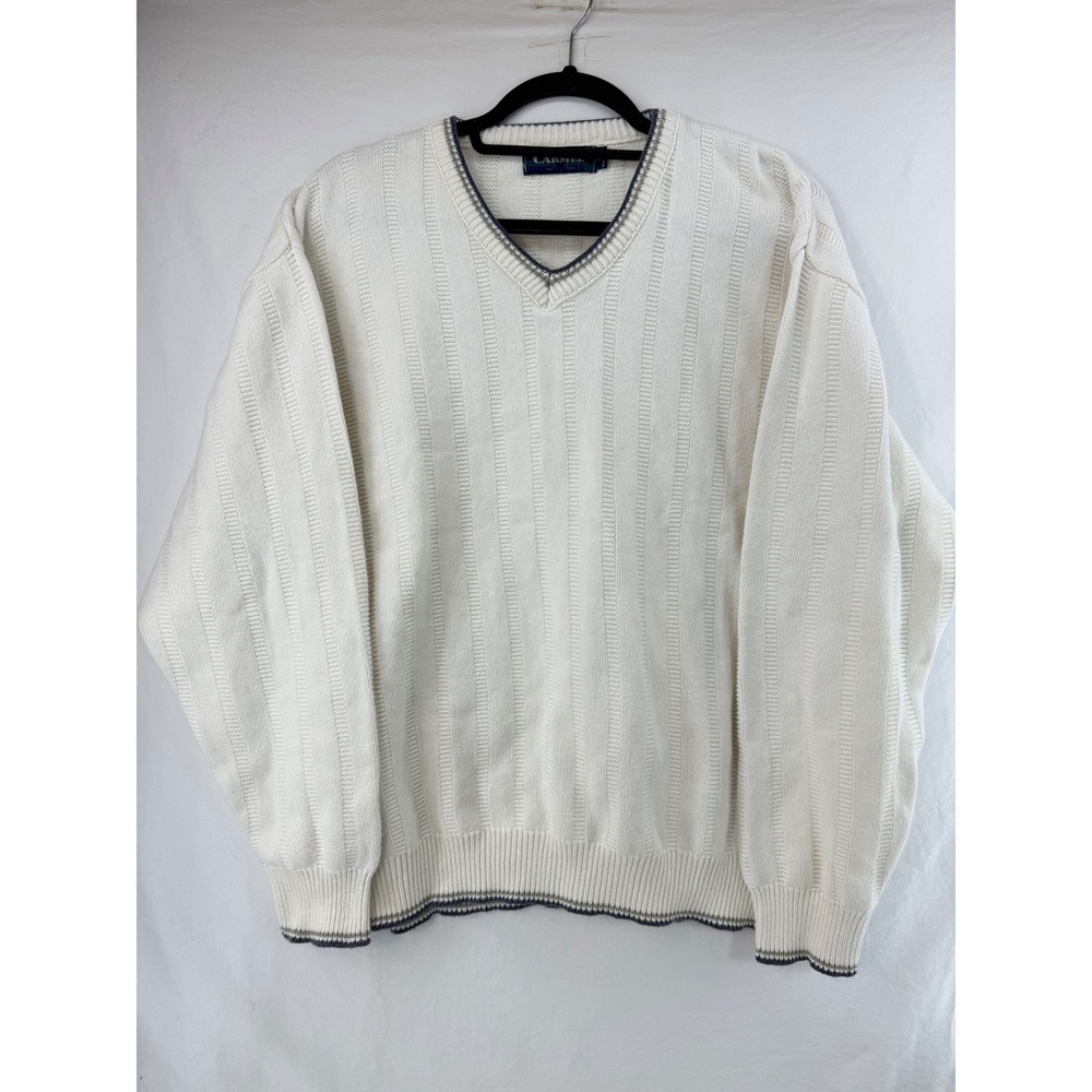 Carmel‎ Mens Vintage Striped V Neck Sweater Cream Size L Made USA Golf Casual